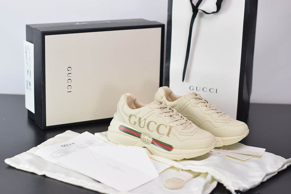 古驰Gucci Rhyton做旧复古米白色logo标识老爹鞋纯原版本货号:500877 DRW009522
