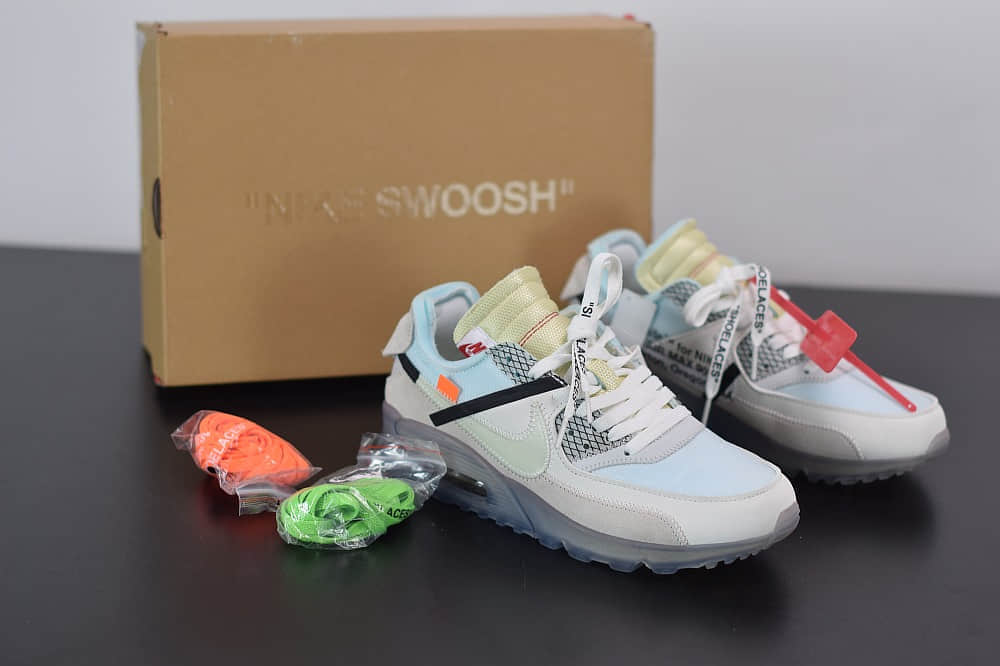 耐克 Nike Off-White™ x Nike Air Max 90  Ice 10X THE TEN白灰冰蓝橘初代复古气垫百搭休闲运动慢跑鞋纯原版本 货号：AA7293-100