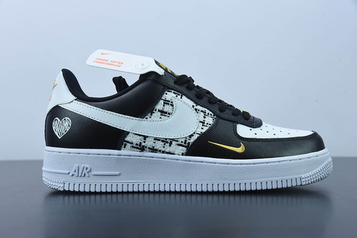 耐克Nike Air Force 1 黑白金爱心款情人节限定小香风空军一号低帮休闲板鞋纯原版本 货号：CZ0270-001