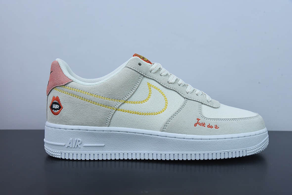 耐克Nike Air Force 1 AF1浅灰白口红刺绣空军一号低帮休闲板鞋纯原版本 货号:DQ7656-100
