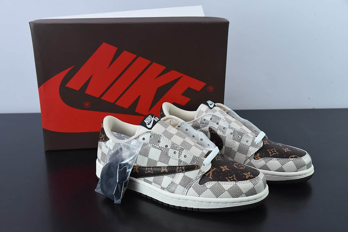 乔丹Air Jordan Louis Vuitton x Travis Scott x Air Jordan 1 Low OG SPDamier AzurBrownLV MonogramTS联名老花格子经典低帮文化百搭休闲运动篮球鞋纯原版本 货号：LK0221