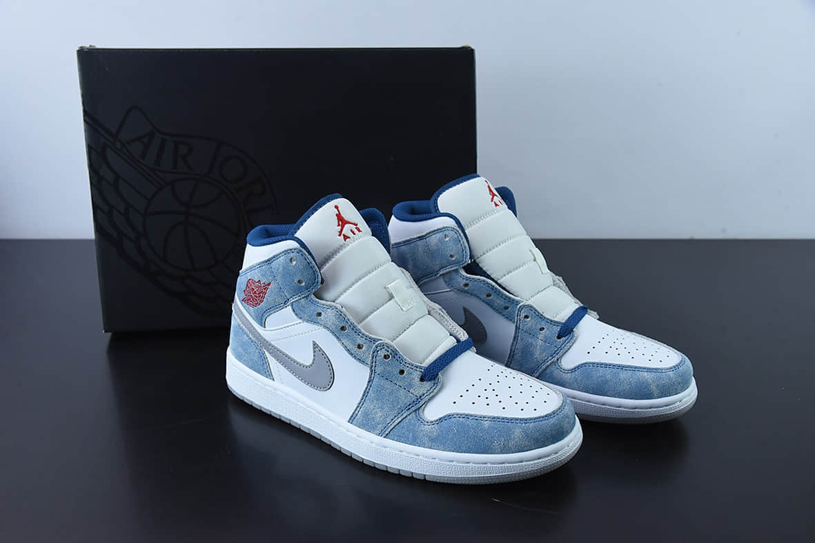 乔丹Air Jordan 1 Mid AJ1白蓝薄荷糖水洗蓝中帮篮球鞋纯原版本 货号：DN3706-401