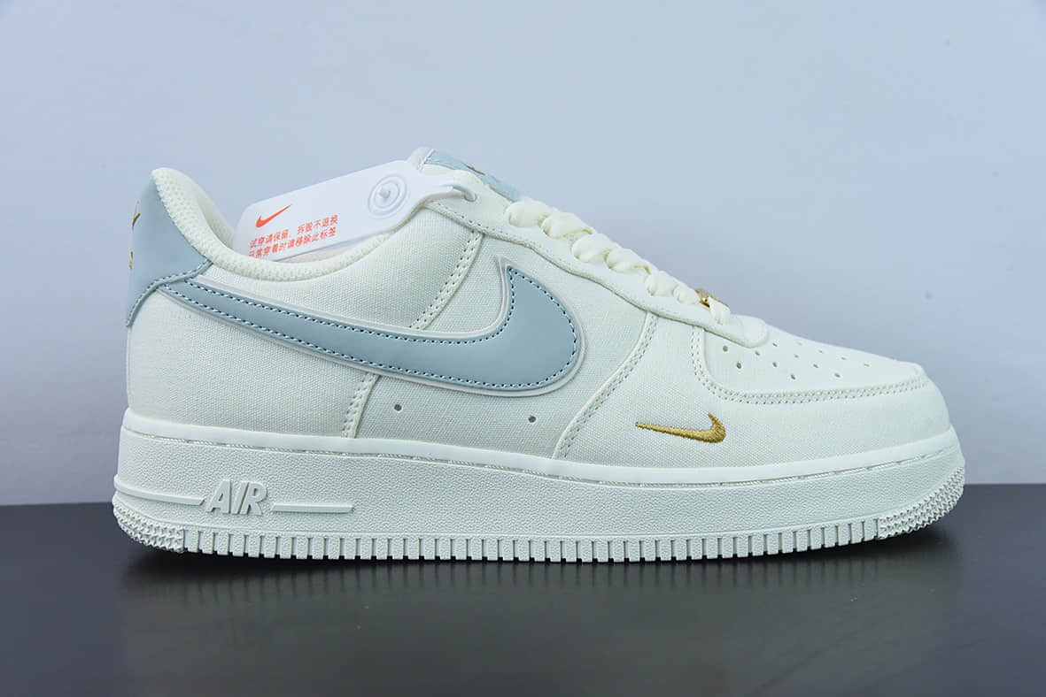 耐克Nike Air Force 1’07 Low QSSailLight BlueGold帆布米白浅蓝迷你双钩子空军一号经典低帮百搭休闲运动板鞋纯原版本 货号:MN5696-009