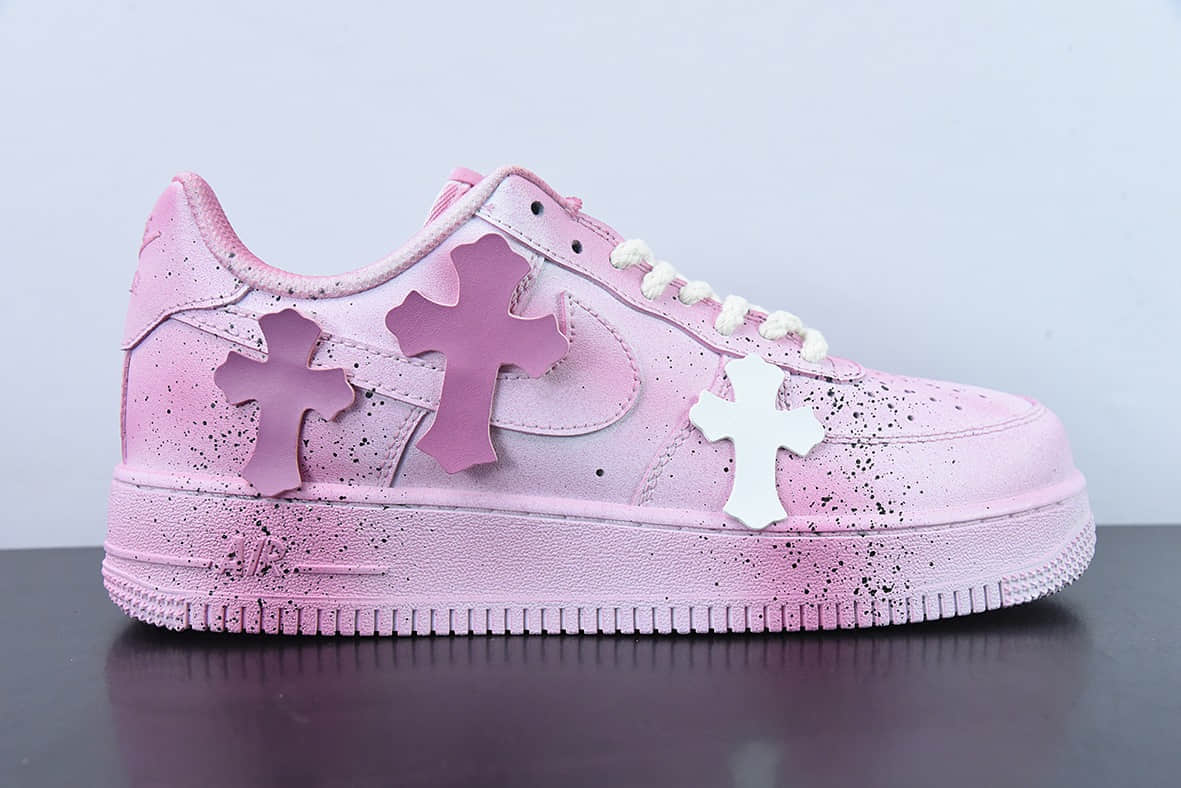 耐克Nike Chrome Hearts X AIR FORCE 1 克罗心联名做旧泼墨 “粉”空军一号低帮休闲板鞋纯原版本 货号:CW2288-111