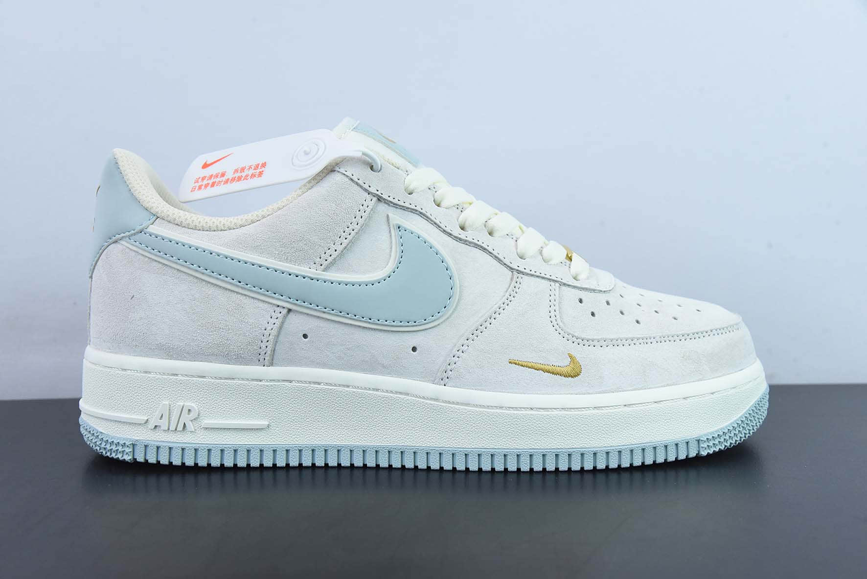 耐克Nike Air Force 1 Low ’07 麂皮浅灰淡蓝金迷你双钩子空军一号低帮休闲板鞋纯原版本 货号:KK5636-510
