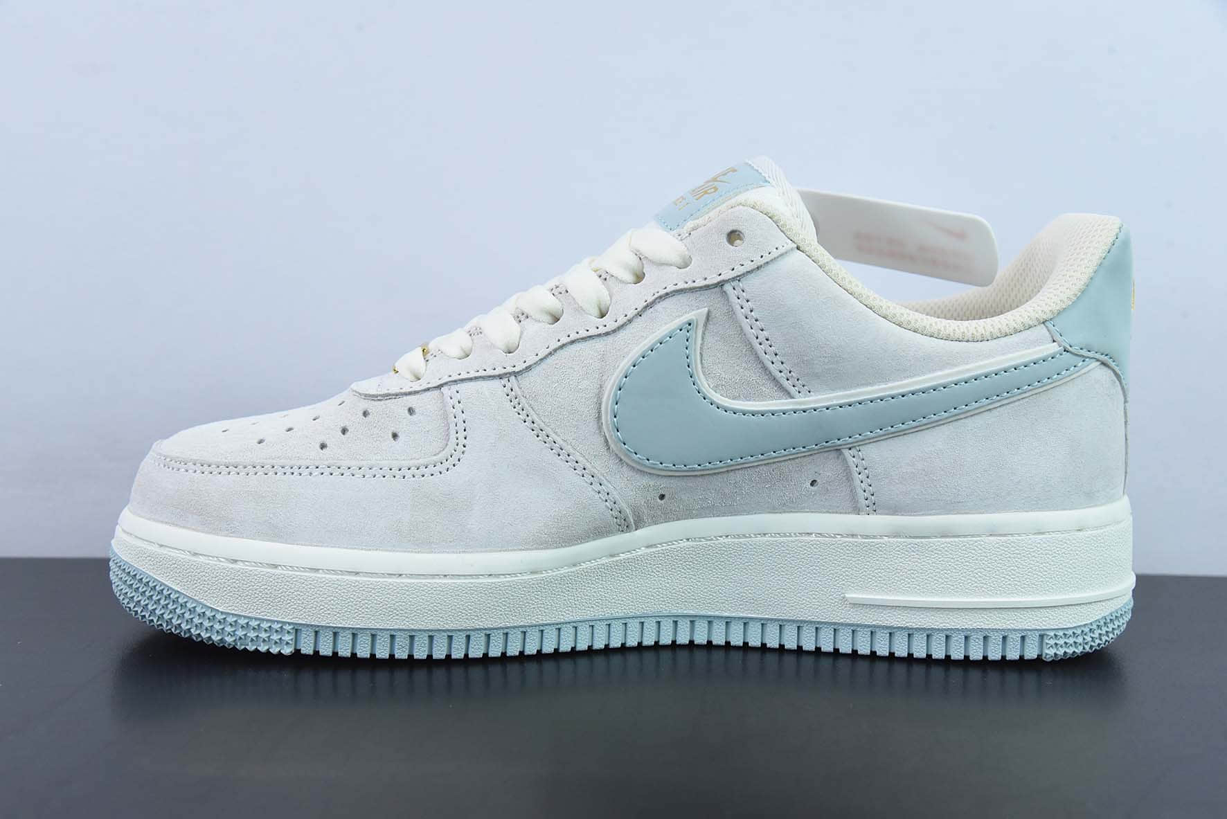 耐克Nike Air Force 1 Low ’07 麂皮浅灰淡蓝金迷你双钩子空军一号低帮休闲板鞋纯原版本 货号:KK5636-510