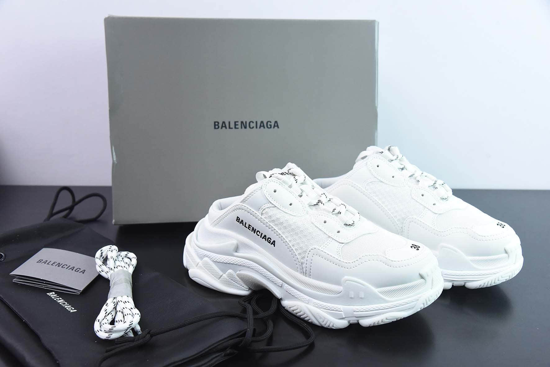 巴黎世家BALENCIAGA Track Mule Clear Sole Sneakers 白半拖复古野跑姥爹包头露跟半拖百搭慢跑鞋纯原版本 货号：653814 W2FA6 9710