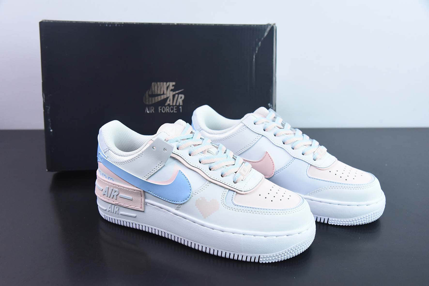 耐克Nike WMNS Air Force 1 ShadowTeamTen白米粉蓝像素爱心空军一号轻量增高低帮百搭板鞋纯原版本 货号:CI0919-117