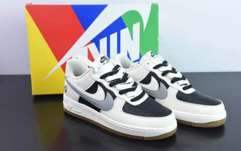 耐克Nike Air Force 1’07 Low85 Double SwooshBeigeBlackGrey皮革米白黑白灰双钩空军一号低帮休闲板鞋纯原版本 货号：CC2569-077