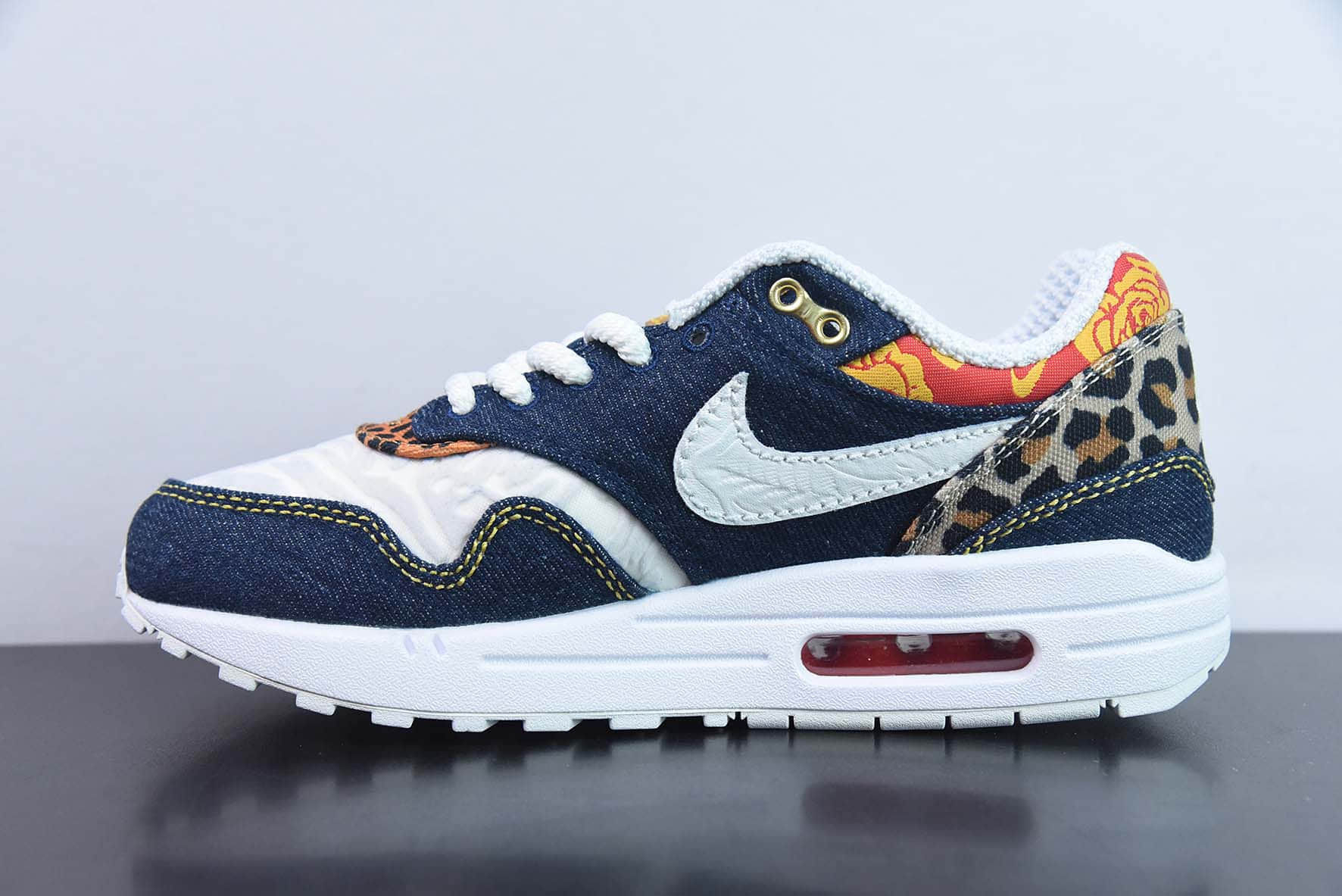 耐克Nike Air Max 1 PremiumDenim Leopard初代水洗深蓝色牛仔布动物复古气垫百搭休闲运动慢跑鞋纯原版本 货号：FJ4452-432