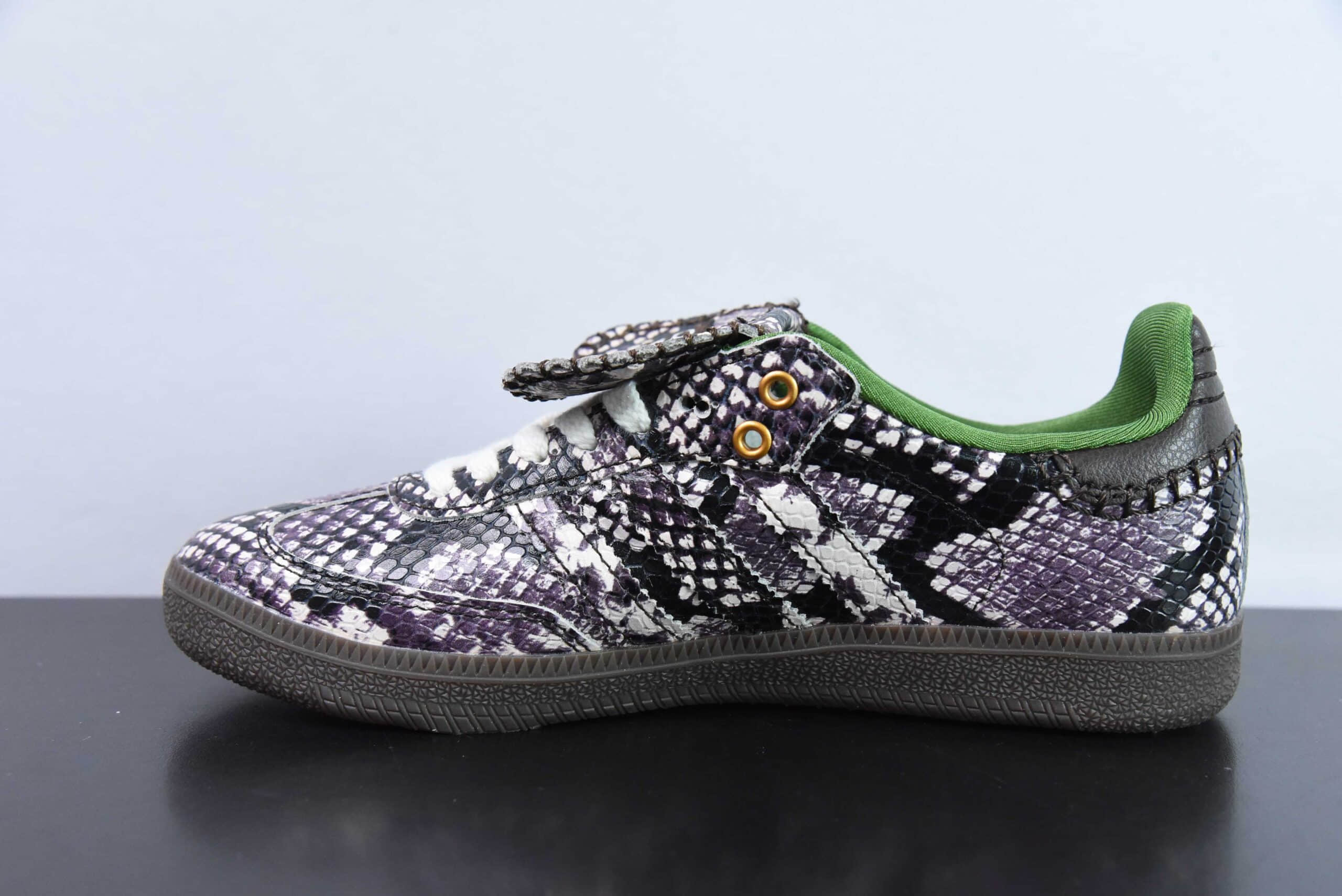 阿迪达斯Adidas Wales Bonner x AD Originals Samba 黑绿紫蛇纹联名款圆头三叶草桑巴德训鞋纯原版本 货号：IH3262