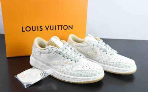 乔丹Travis Scott x Fragment Design x Jordan Air Jordan 1 Low OG SP AJ1 LV联名浅咖牛仔印花低帮文化休闲板鞋纯原版本 货号：SJ2068-006