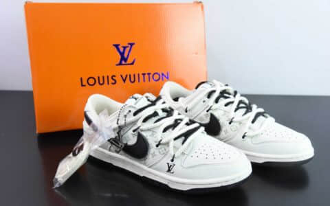 耐克Nike SB Dunk Low LV联名米白黑印花周年高端定制低帮休闲板鞋纯原版本 货号：SJ2068-243