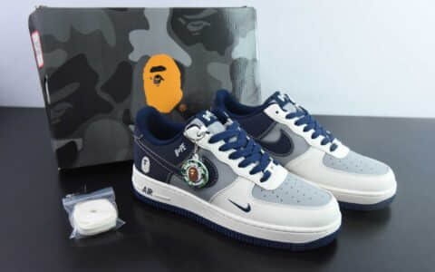 耐克NIke Air Force 1 ’07 Low “Bape联名深蓝米灰”空军一号低帮休闲板鞋纯原版本 货号：BB6566-206