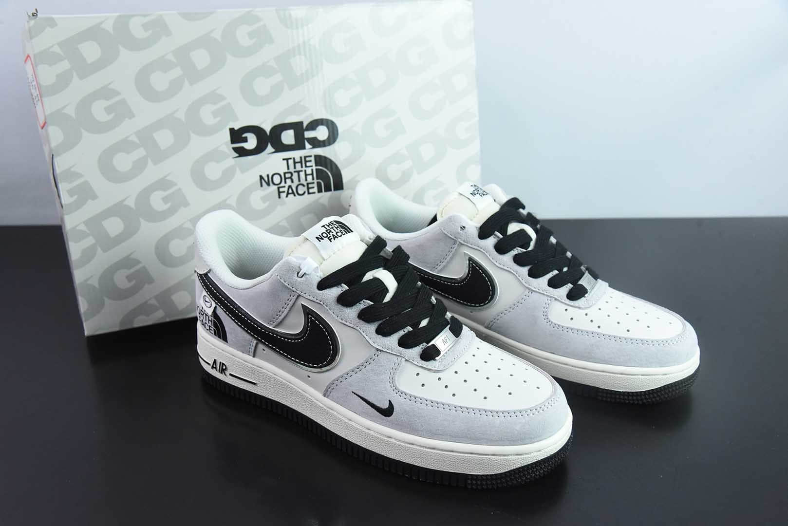 耐克Nike Air Force 1 AF1灰白黑银边北面印花定制版空军一号低帮休闲板鞋纯原版本 货号：XZ6188-916