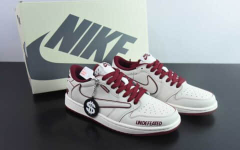 乔丹Travis Scott x Fragment Design x Air Jordan 1 Low OG SP AJ1 联名款酒红白倒钩低帮文化休闲板鞋纯原版本 货号：DF1845 - 536