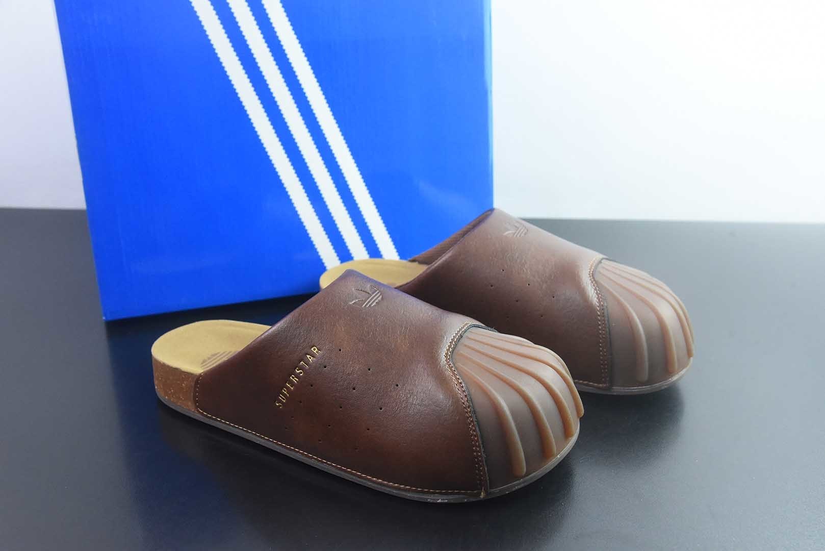 阿迪达斯 Adidas originals Adimule SUPERSTAR 舒适百搭包头拖鞋 男女同款 货号:贝壳头穆勒半拖 棕色 LC0416 纯原版本 主图