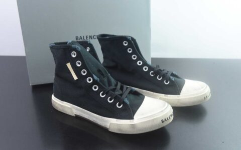 巴黎世家 Balenciaga OK版 新品PARIS磨损做旧效果休闲踩跟帆布鞋 黑色 纯原版本 货号：688754W3RR51099 主图