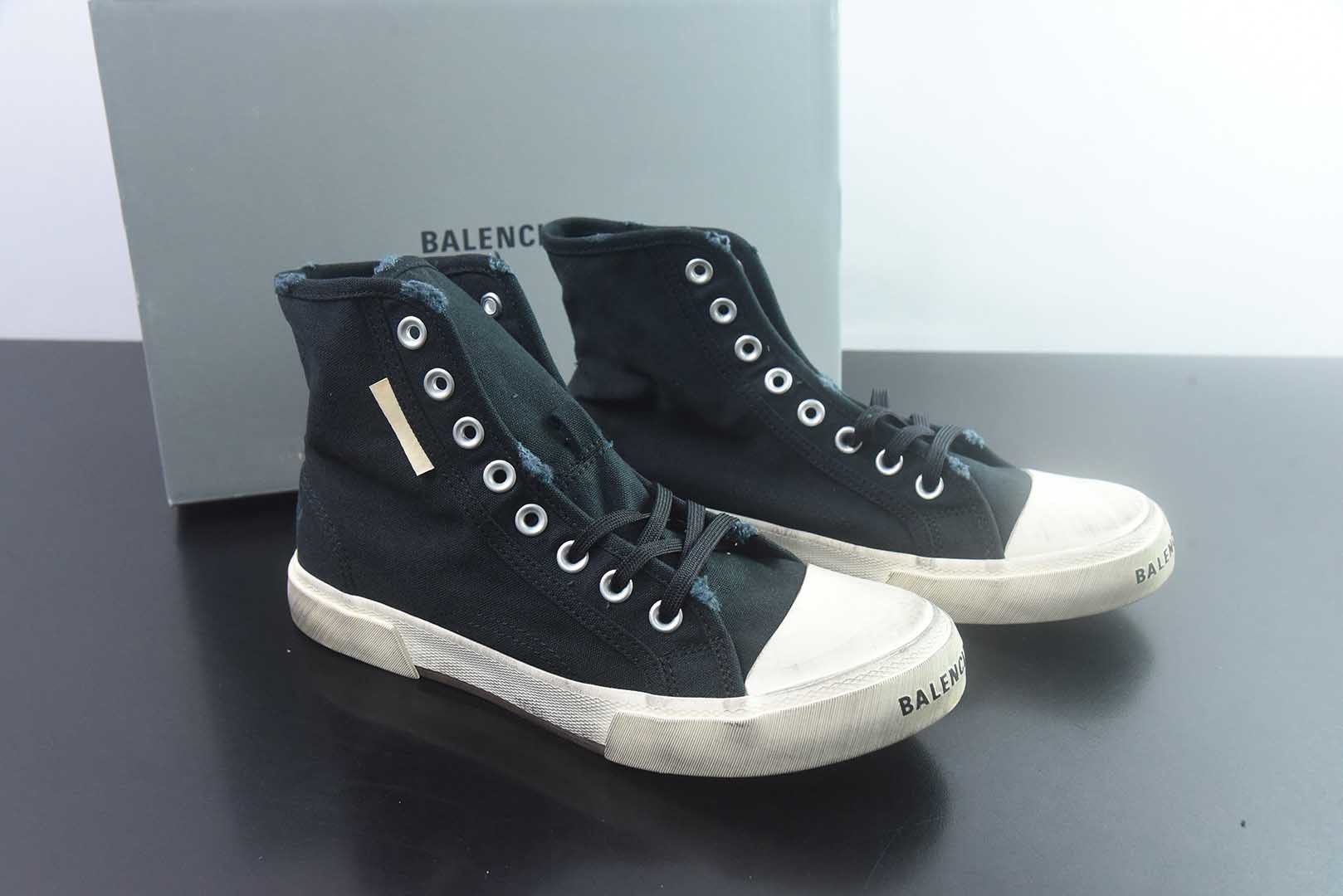 巴黎世家 Balenciaga OK版 新品PARIS磨损做旧效果休闲踩跟帆布鞋 黑色 纯原版本 货号：688754W3RR51099 主图