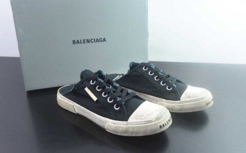 巴黎世家 Balenciaga OK版 新品PARIS磨损做旧效果休闲踩跟帆布鞋 蓝色 纯原版本 货号：688754W3RR51099