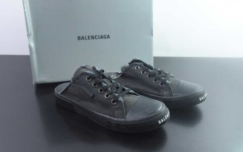 巴黎世家 Balenciaga OK版 新品PARIS磨损做旧效果休闲踩跟帆布鞋 黑色 纯原版本 货号：688754W3RR51099 主图